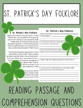 Preview of St. Patrick's Day Folklore | Reading Passage and Comprehension Questions