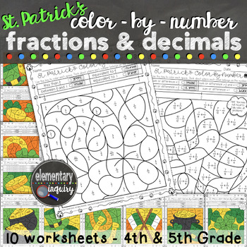 Preview of St. Patrick's Day Fractions & Decimals Math Activity Color by Number Worksheets
