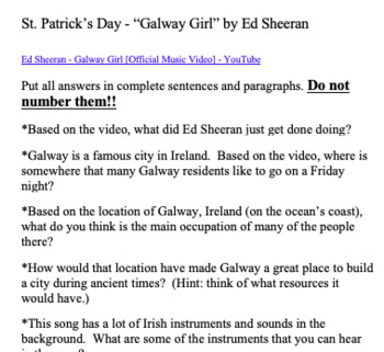 Preview of St. Patrick's Day - "Galway Girl" - Ed Sheeran song journal writing prompt