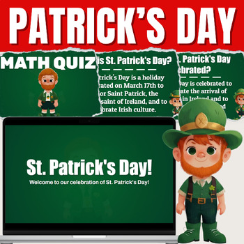 Preview of St Patrick's Day Google Slides: Trivia and Math Quizzes for Classroom Engagement