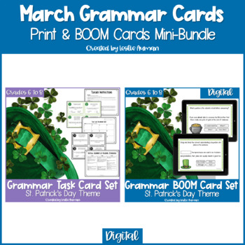 Preview of St. Patrick's Day Grammar Print Task Cards and BOOM Cards BUNDLE