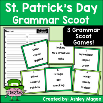 Preview of St. Patrick's Day Grammar Scoot Game Task Card Center Nouns Verbs and Adjectives