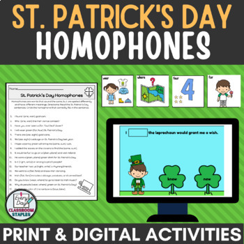 Preview of St. Patrick's Day Homophones Activity in Digital plus Matching Cards & Worsheets