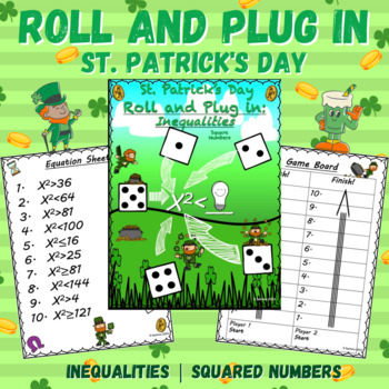 Preview of St. Patrick's Day Inequality Equations Worksheet | Square Numbers | 5th/6th Math