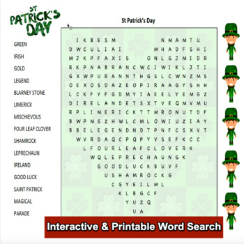 Preview of Interactive and Printable Word Search Puzzles St Patrick’s Day