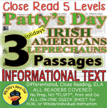 Preview of St. Patrick's Day Irish Americans Leprechauns CLOSE READING 5 LEVELED PASSAGES!!