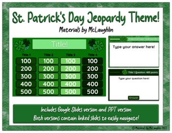 Preview of St. Patrick's Day Jeopardy Theme! Google Slides & .PPT