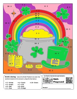Preview of St. Patrick's Day Pot of Gold Coloring by Code Worksheet (Subtraction to 10)