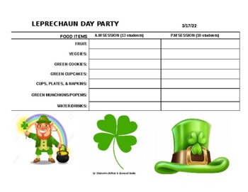 Preview of St. Patrick's Day Leprechaun Party Sign Up Sheet for Parents