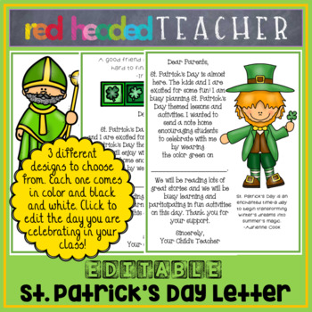 Preview of St. Patrick's Day Letter Home EDITABLE