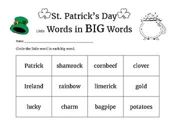 St. Patrick's Day Little Words in Big Words by Sugar and Spice | TPT