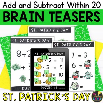 Preview of St. Patrick's Day Logic Puzzles First Grade Brain Teasers Add and Subtract to 20
