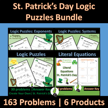 Preview of St. Patrick's Day Logic Puzzles | Algebra: Integers, Solving, Factor, Exponents