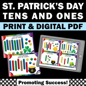 Preview of St Pattys Day Math Tens Ones Task Card Stations St Patricks Day Scavenger Hunt