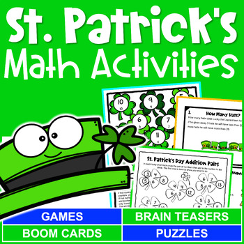 Preview of St. Patrick's Day Math Activities: Games, Worksheets, Brain Teasers, Boom Cards