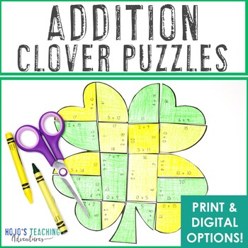 Preview of ADDITION Clover Puzzles: Shamrock St. Patrick's Day Activity Math Center Review