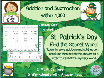 Preview of St. Patrick's Day Math Centers Add and Subtract to 1,000 to Find Mystery Word