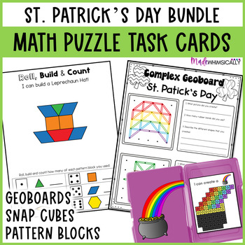 Preview of St. Patty's Day Math Centers Bundle Snap Cube Pattern Block Geoboard Task Cards