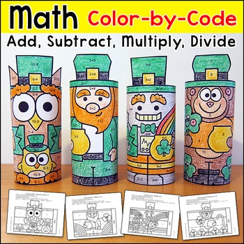 Preview of St. Patrick's Day Math Craft 3D Leprechauns Color by Code March Activity
