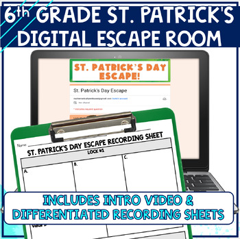 Preview of St. Patrick's Day Math Digital Escape Room 6th Grade Mixed Review Test Prep