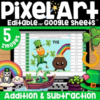 Preview of St. Patty's Day Pixel Art Math Addition and Subtraction on Google Sheets