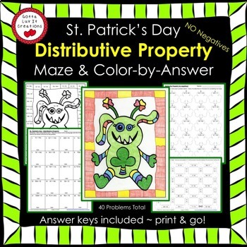 Preview of Distributive Property No Negatives Maze & Color by Number St. Patrick's Day Math