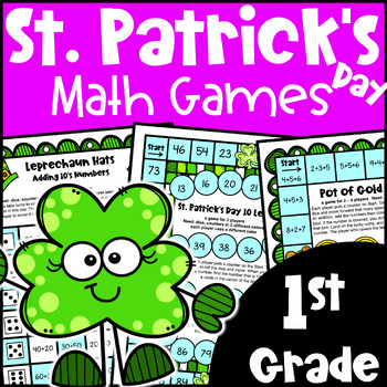 Preview of St. Patrick's Day Math Games 1st Grade with Shamrocks, Leprechauns, Rainbows etc
