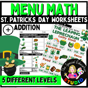 Preview of St Patrick's Day Math Life Skills Special Education menu addition Money centers