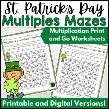 Preview of St. Patrick's Day Math Multiples Mazes - Multiplication Print and Go Worksheets