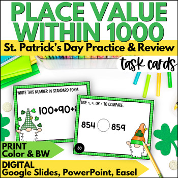 Preview of St. Patrick's Day Math Place Value within 1000 Task Cards Activities for March