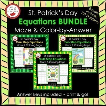 Preview of Solving Equations Maze & Color by Number SUPER bundle St. Patrick's Day Math
