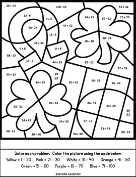 St. Patrick's Day Math / Two Digit Addition & Subtraction Color by Number