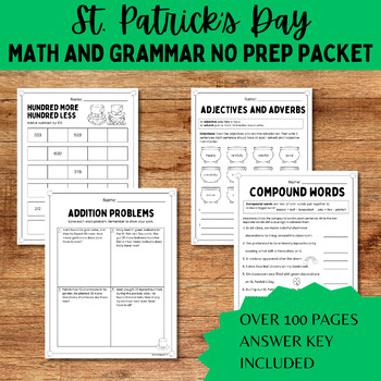 Preview of St. Patrick's Day Math and Grammar Worksheet No Prep Packet | March