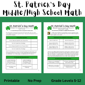 Preview of St. Patrick's Day Middle School/High School Math - Printable or Digital