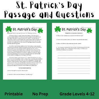 Preview of St. Patrick's Day (Middle School) Passage+Questions Activity - Printable