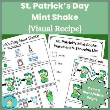 Preview of St. Patrick's Day Mint Shake Visual Recipe, Sequencing Cards, & Shopping Lists