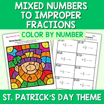 Preview of St. Patrick's Day Mixed Numbers to Improper Fractions Color by Number Center