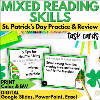Preview of St. Patrick's Day Mixed Reading Skills Task Cards - March Practice and Review