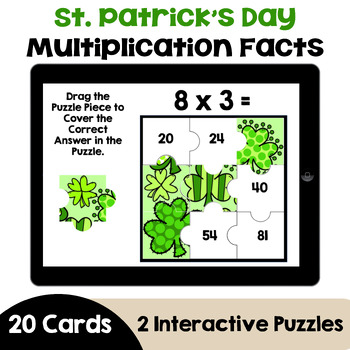 Preview of St. Patrick's Day Multiplication Facts Boom Cards - Interactive Puzzles