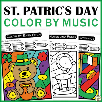 Preview of St. Patrick`s Day Music Color by Code Pages | Notes Rests Dynamics Treble & Bass