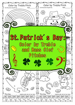 Preview of St. Patrick`s Day Music Coloring Pages | Color by Treble and Bass Clef Notes