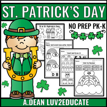 Preview of St. Patrick's Day NO PREP Math and Literacy Worksheets for Preschool Pre-K