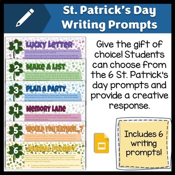 Preview of St Patrick's Day NO PREP Writing Prompts, 4th-8th Grade Choice Board Themed
