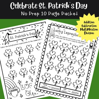 Preview of St. Patrick’s Day No Prep 10 pg packet- addition/subtraction/multiplication/etc.