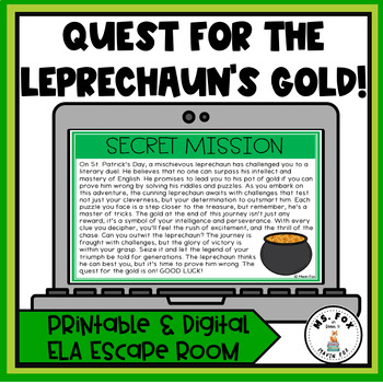 Preview of St. Patrick's Day Non-Fiction Reading Comprehension ELA Escape Room