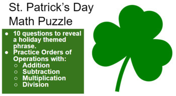 Preview of St. Patrick's Day Orders of Operations Puzzle **With Answer Key**