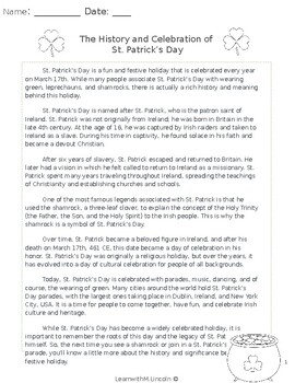 Preview of St. Patrick's Day Passage & Short Response