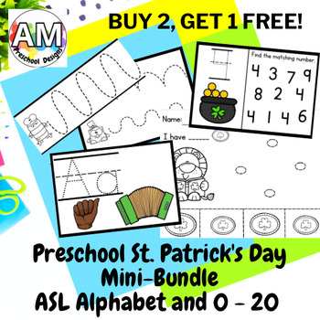 Preview of St. Patrick’s Day Preschool ASL Task Flashcard Mini Bundle - alphabet and 0 - 20