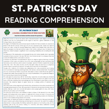Preview of St Patricks Day Reading Comprehension Worksheet | Religious Cultural Tradition