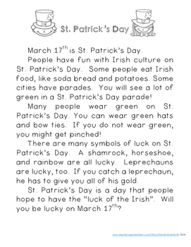 St. Patrick's Day Reading Comprehension with Writing Extension Second Grade